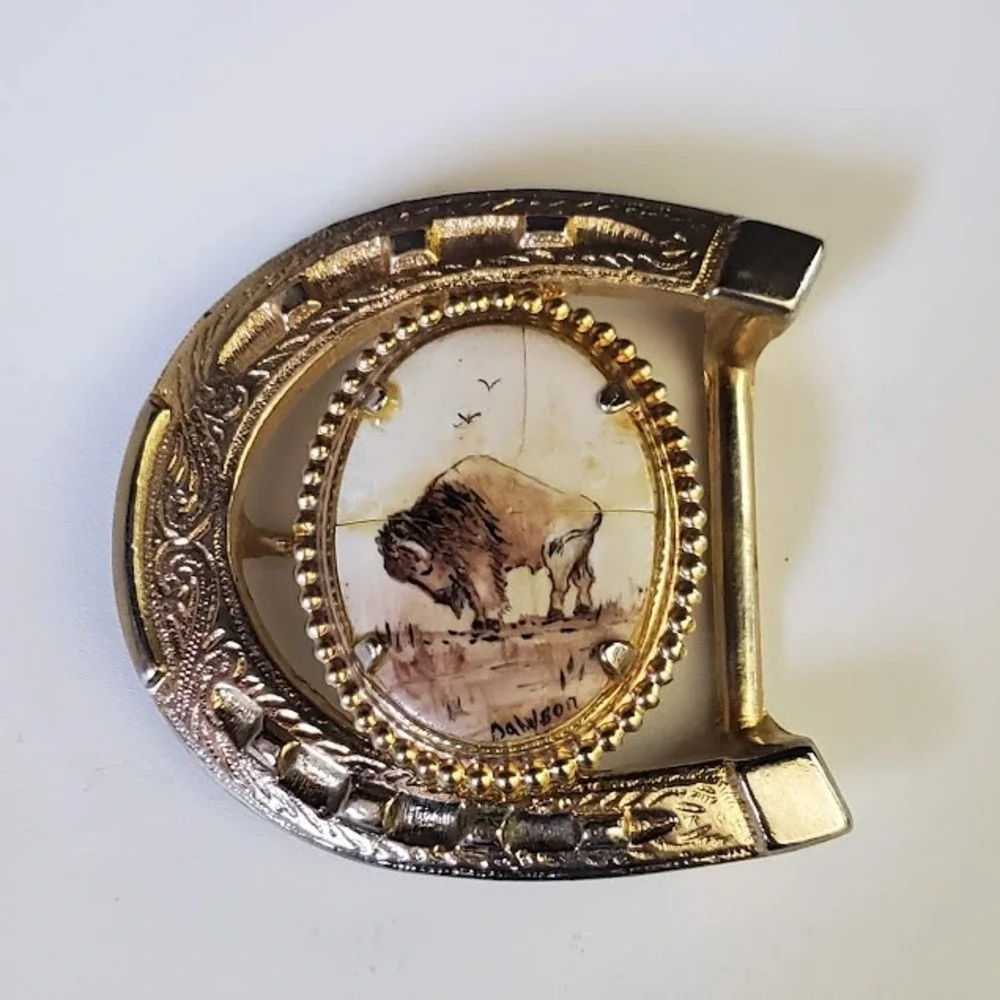 Hand Painted Buffalo Horseshoe Belt Buckle Gold Tone Signed Dawson REPAIRED